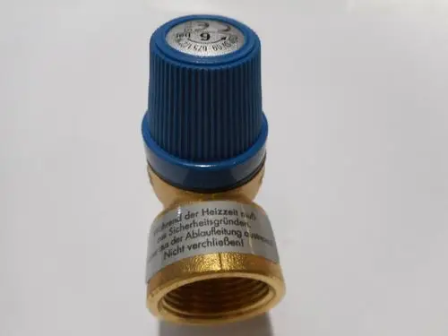 Sicherheitsventil mit blauer Kappe und metallic-goldener Basis. Auf dem Ventil sind Sicherheitshinweise der Marke Remeha zu sehen. Ideal für Heizungsanwendungen.